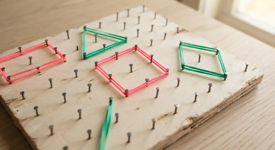 A close-up of colorful rubber bands stretched between pegs on a wooden board to form a square and a triangle.