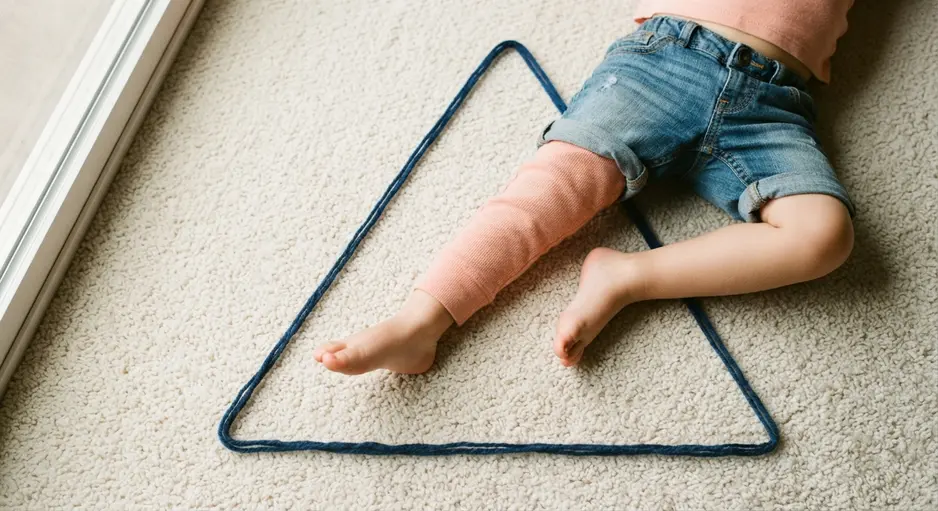 Two children lying on the floor with their arms and legs outstretched to form a large human star shape.