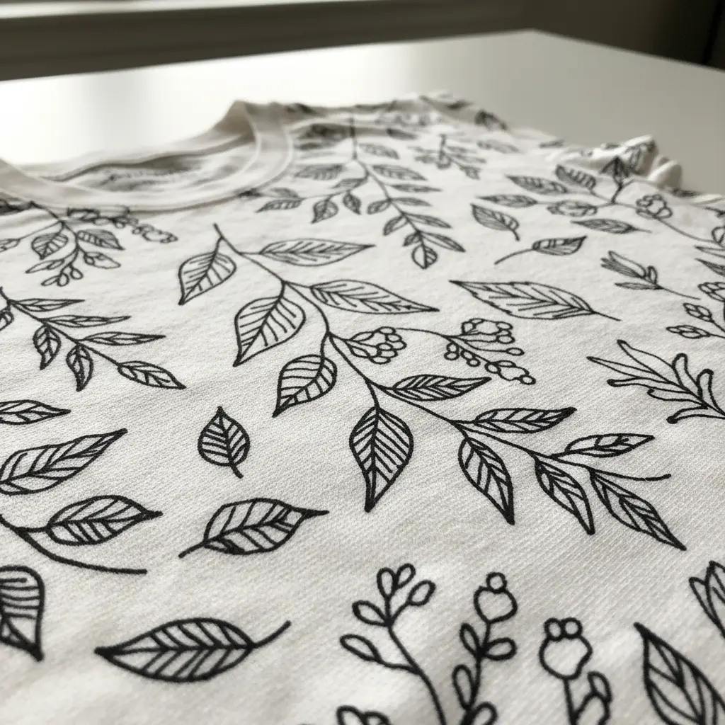 White cotton t-shirt featuring black Sharpie botanical leaf and flower illustrations with heat-set finish.