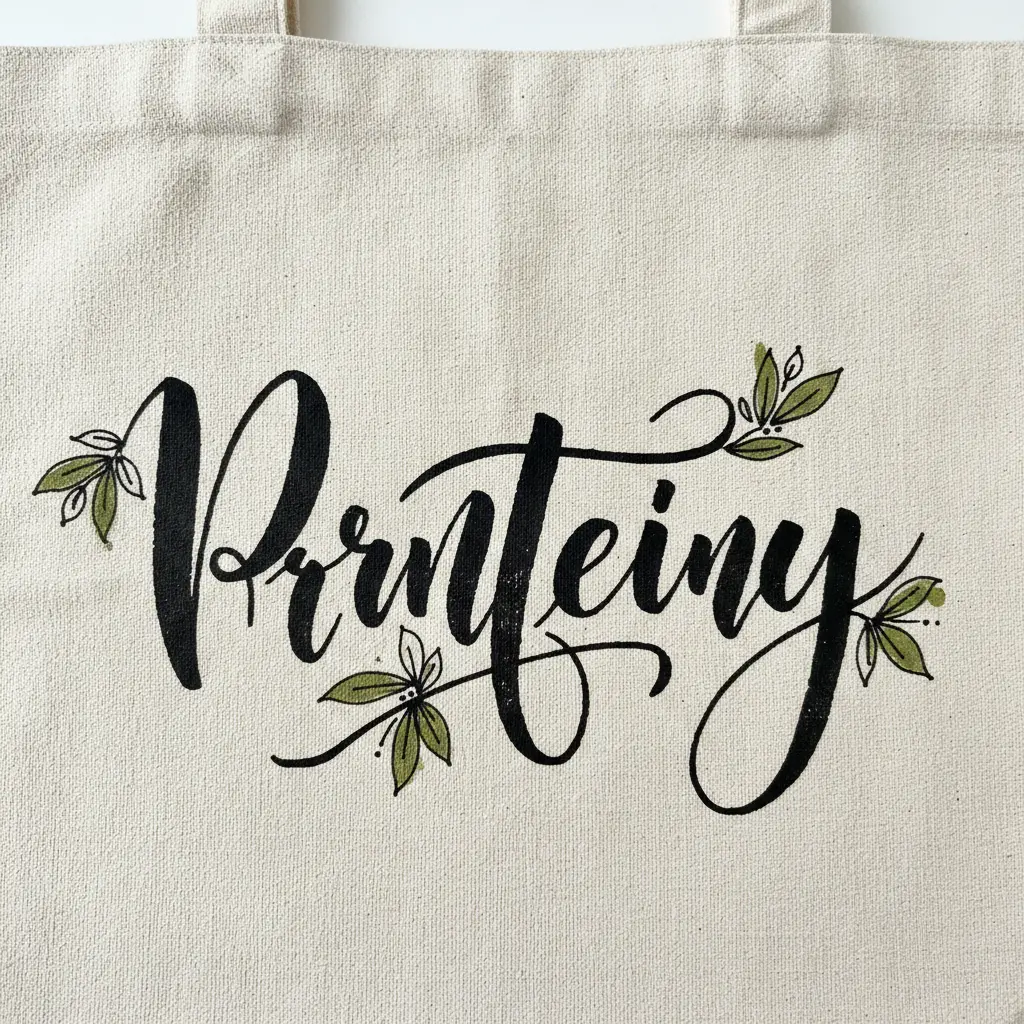 Plain canvas tote bag featuring a large black Sharpie calligraphy word across the front with small floral accents.
