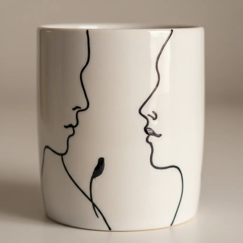 Plain white ceramic mug decorated with thin black Sharpie oil-based paint pen lines in a minimalist face profile.