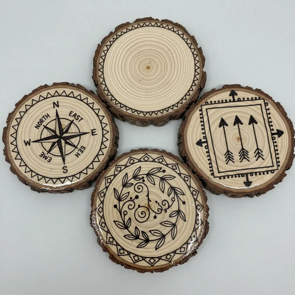 Three natural wood slice coasters with black Sharpie hand-lettered words and sealed with clear acrylic spray.