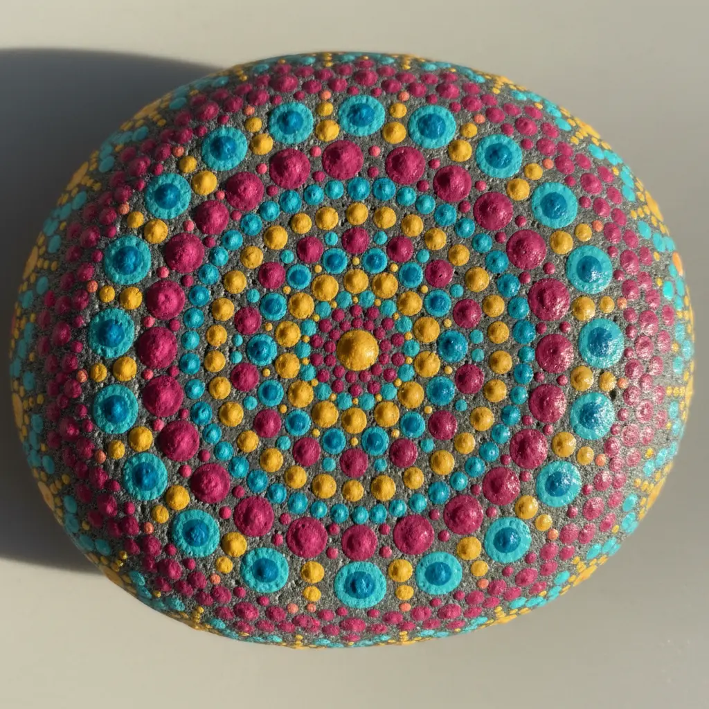 Smooth gray river rock painted with colorful Sharpie dot mandala patterns radiating from the center.