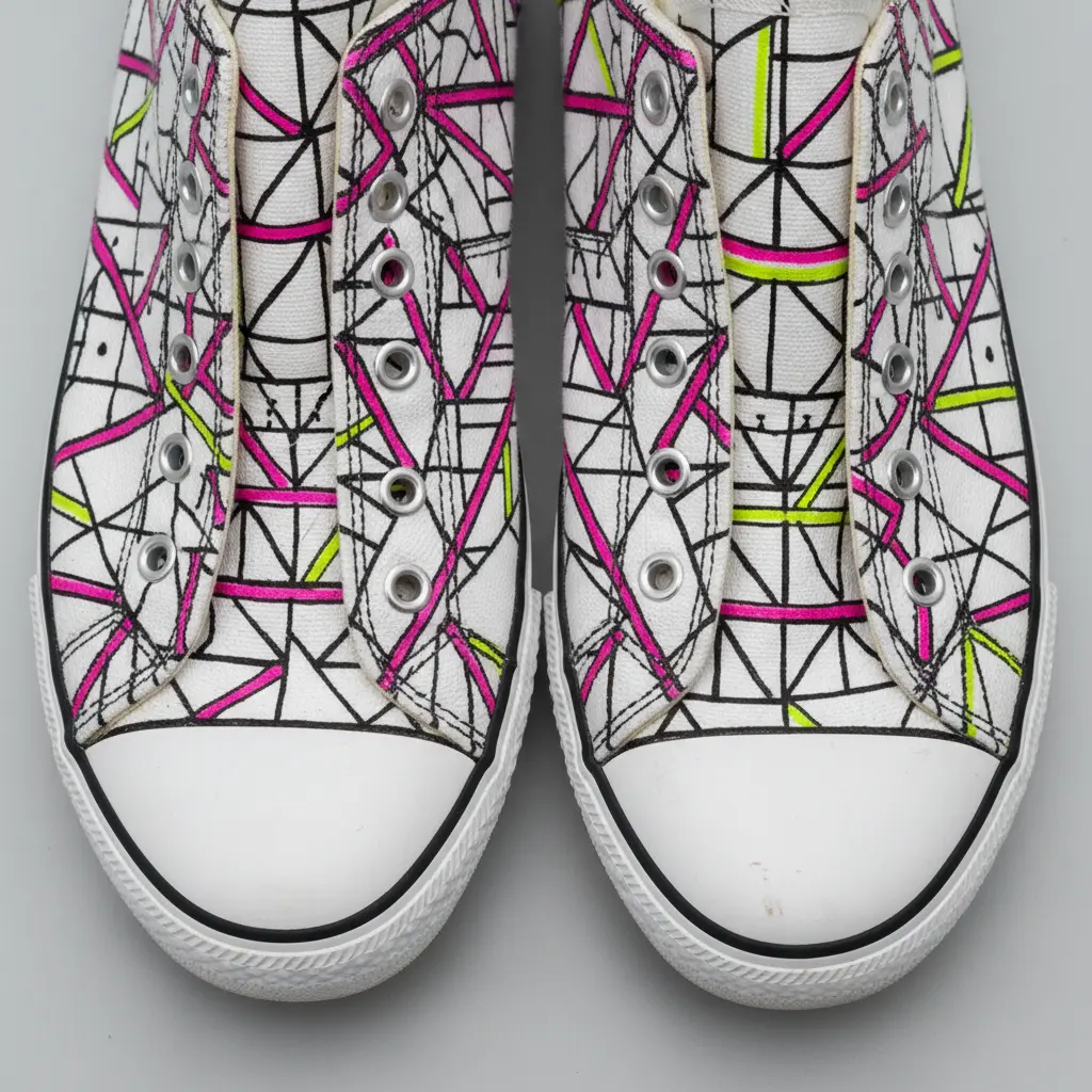 White canvas sneakers covered in black and neon Sharpie geometric triangles and lines on the toe and sides.