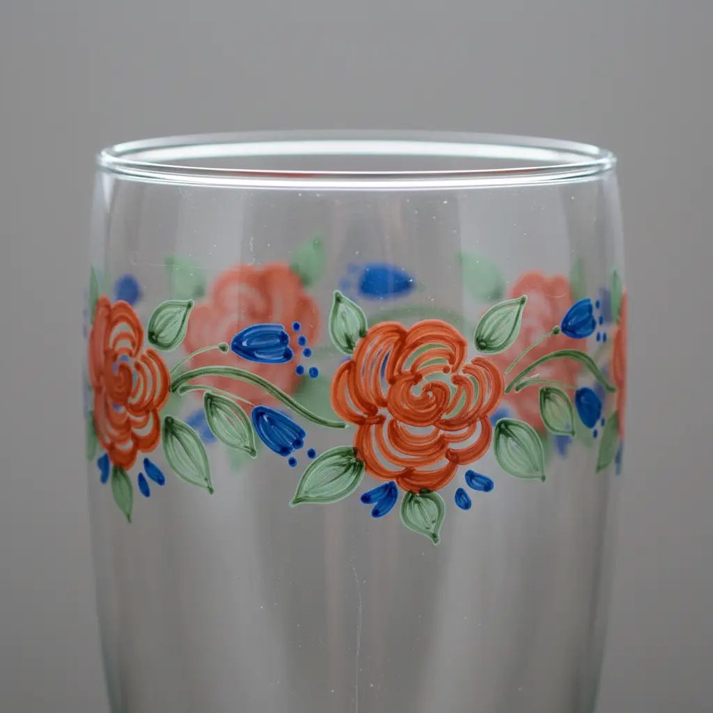Clear glass cylinder vase with a bottom border of colorful Sharpie oil-based floral motifs and a personalized name.