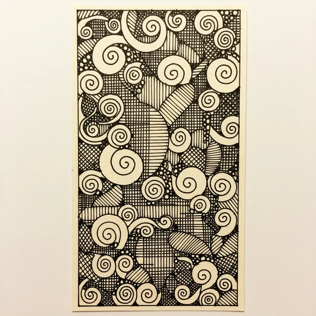 Thick paper bookmark filled with black Sharpie fine-point zentangle patterns including swirls, lines, and dots.