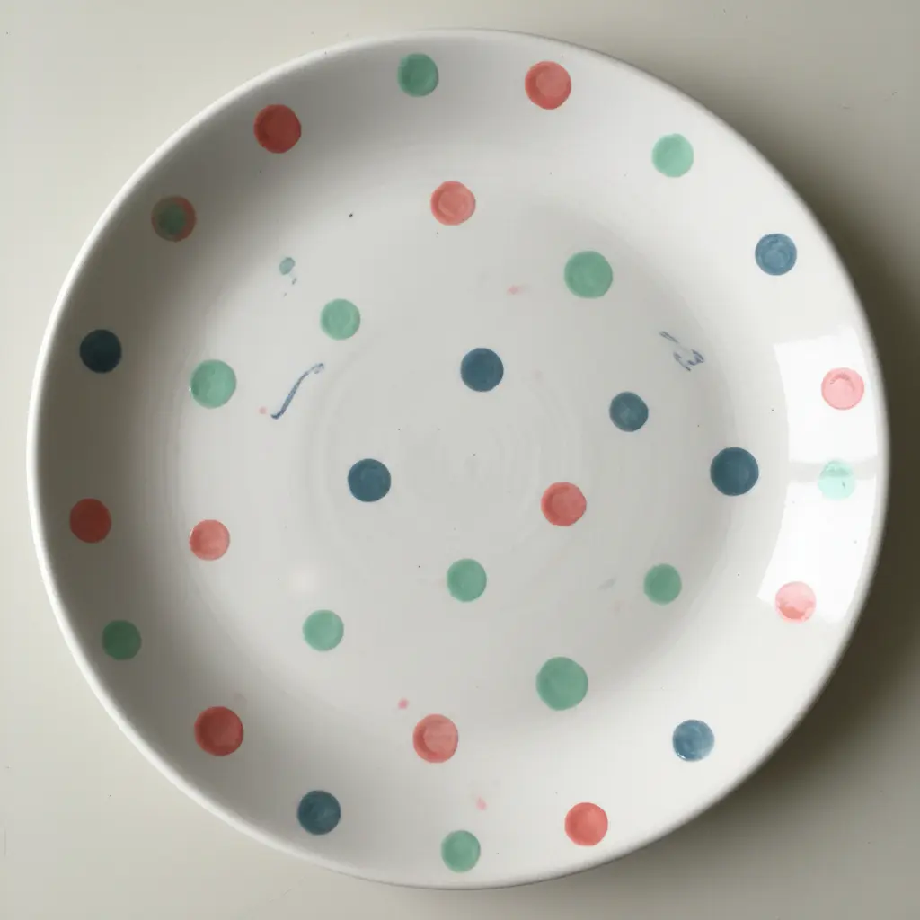 White ceramic dinner plate with a rim decorated in multicolored Sharpie oil-based paint pen polka dots, baked for permanence.