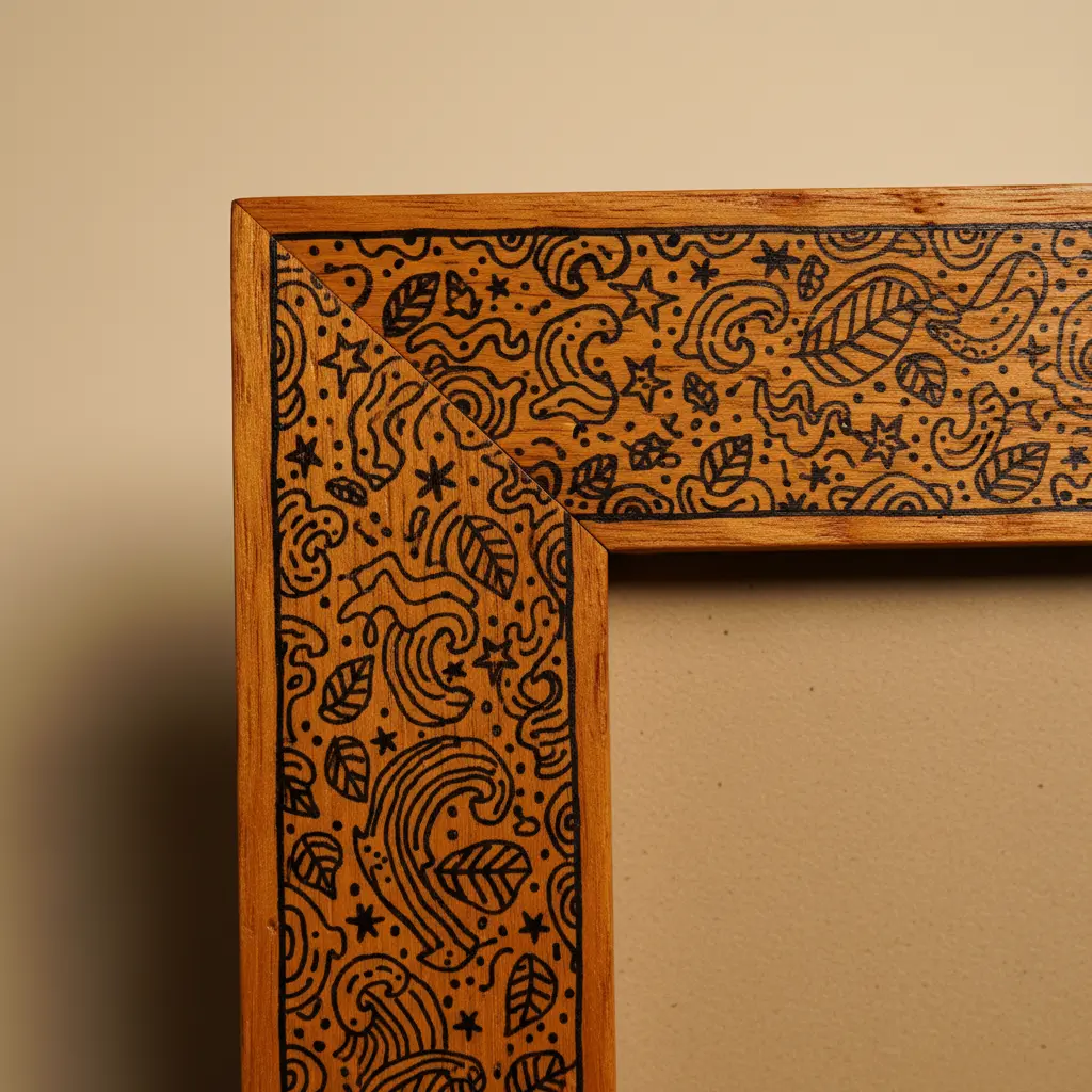 Natural wood picture frame covered in intricate black Sharpie fine-point doodles including stars, waves, and tiny flowers.