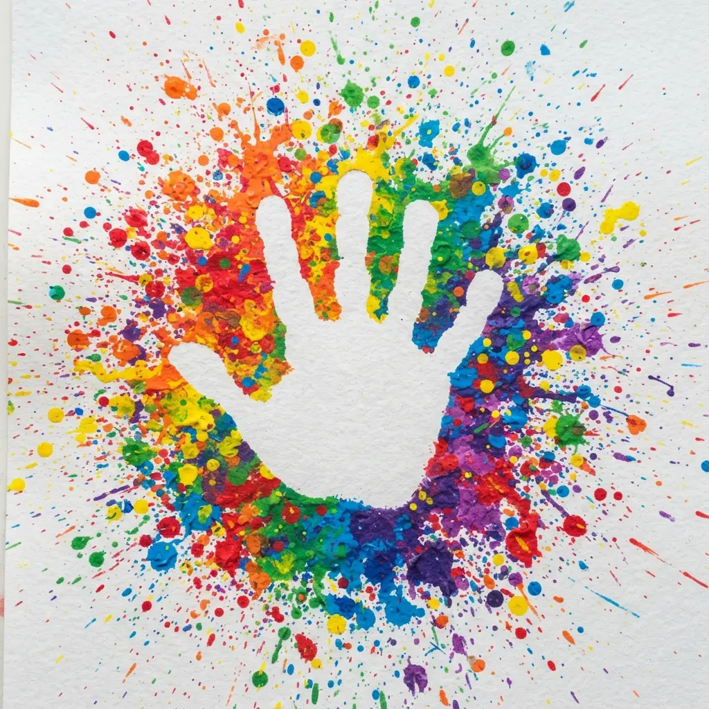 White paper featuring a clear handprint silhouette in negative space amid bright rainbow paint splatters.