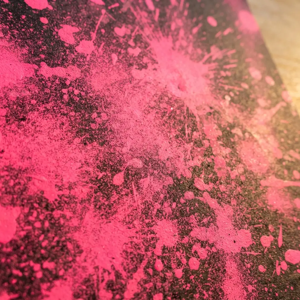 Black paper covered in layered monochromatic neon pink paint sprayed in a dense and vibrant composition.