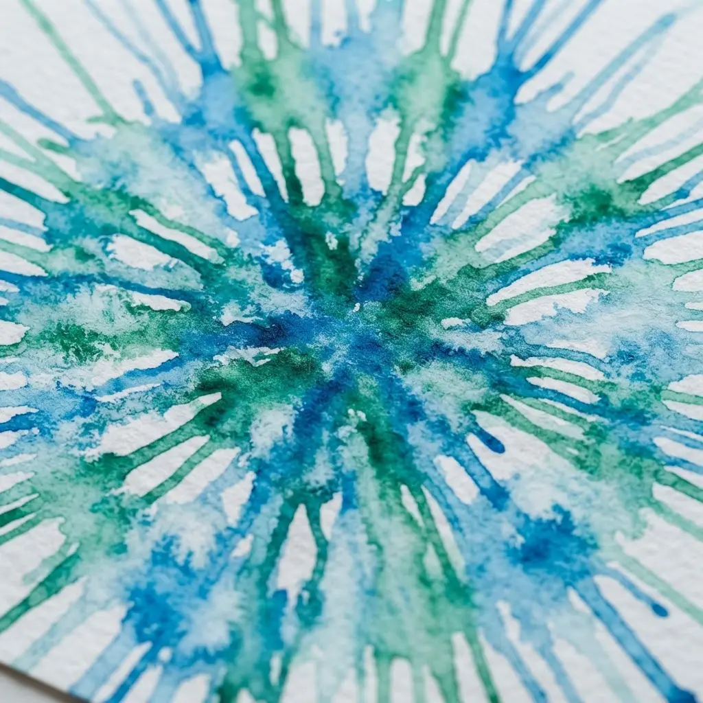 White paper illustrating a radial burst pattern created by letting wet blue and green paint drip outward.