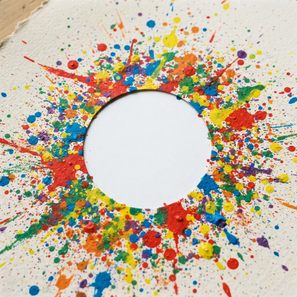 Scattered paint splatters highlighting a clean white shadow effect left by a cardboard circle cutout.