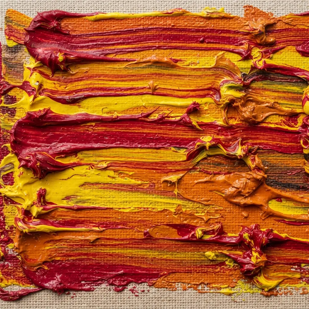 Canvas showing horizontal motion trails made by dragging heavy dripping red and yellow paint across it.