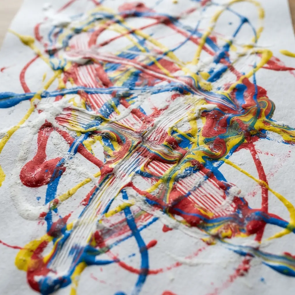 White paper displaying chaotic paint splatter paths left by rolling glass marbles through wet tempera paint.