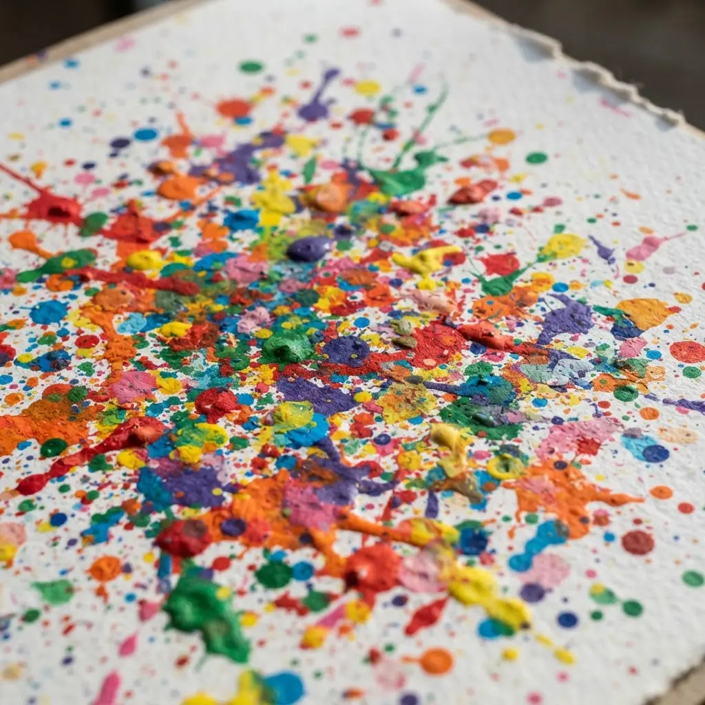 Colorful rainbow tempera paint dragged across thick white paper using the tines of a plastic fork.