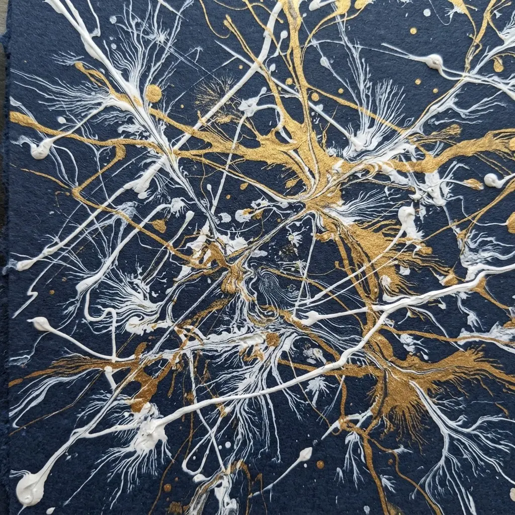 Dark blue paper displaying organic white and gold paint veins blown outward using a plastic drinking straw.