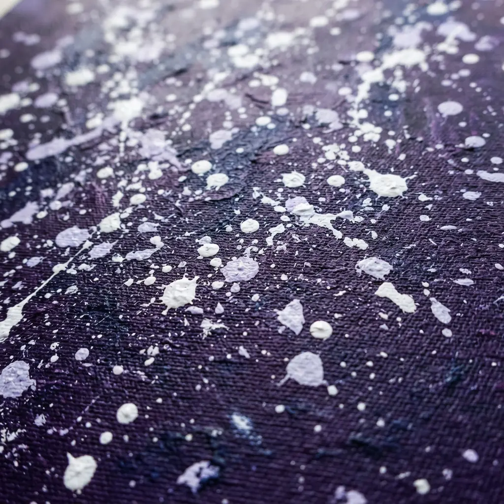 Dark purple canvas covered in large white paint droplets flicked directly from a stiff bristle brush.