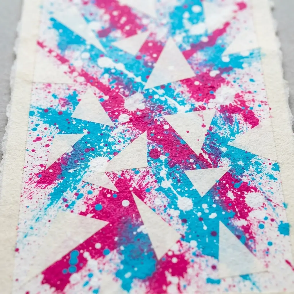 Brightly splattered paper revealing clean white geometric triangles where masking tape was removed.