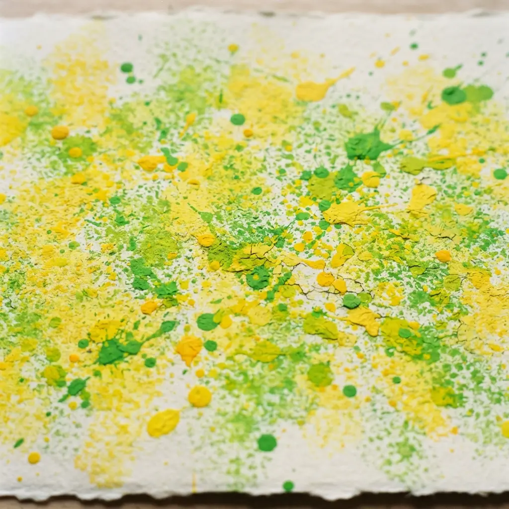 Yellow and green textured background made by dabbing a sponge and adding bright tempera paint splatters.