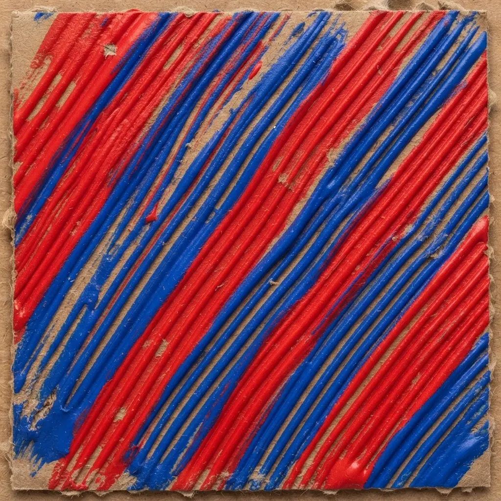 Brown cardboard displaying parallel lines of red and blue paint flicked evenly using a plastic hair comb.