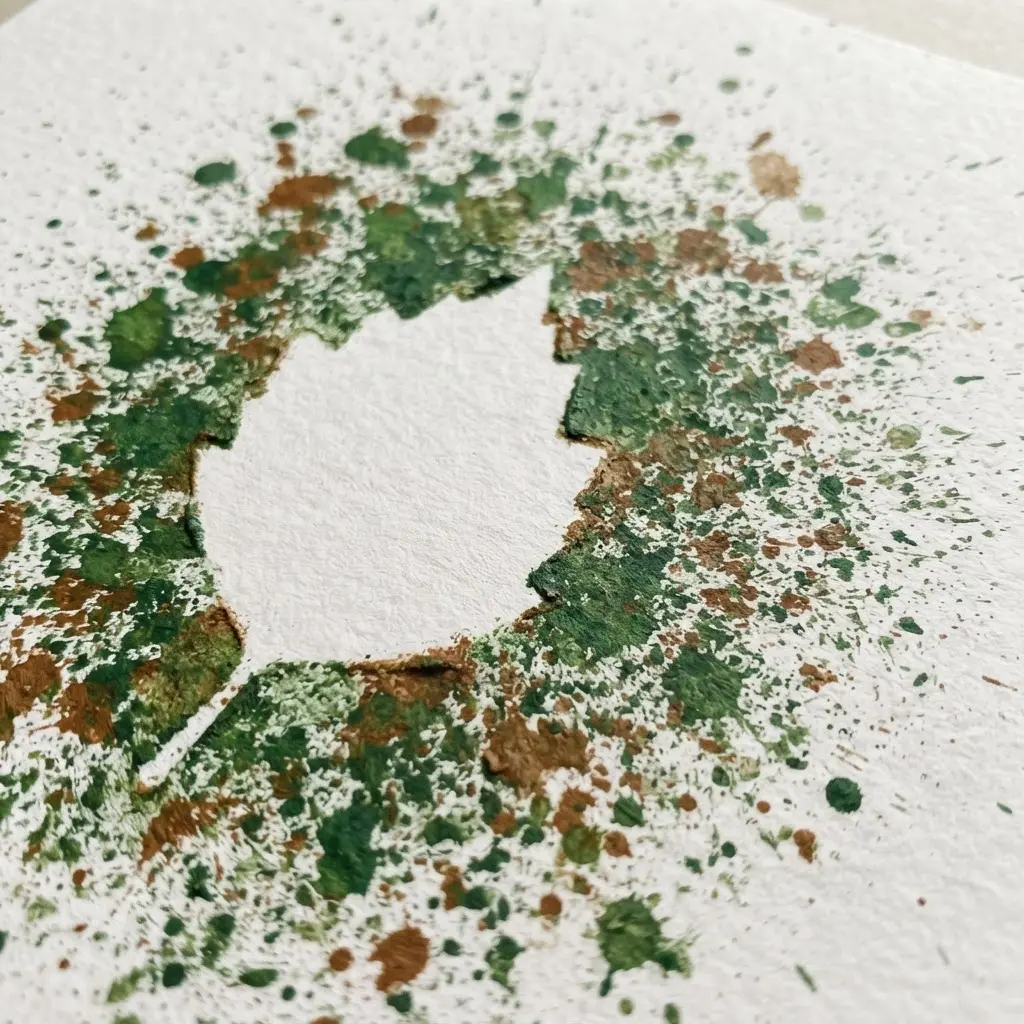 White paper showing a crisp leaf negative shape surrounded by dense green and brown paint splatters.