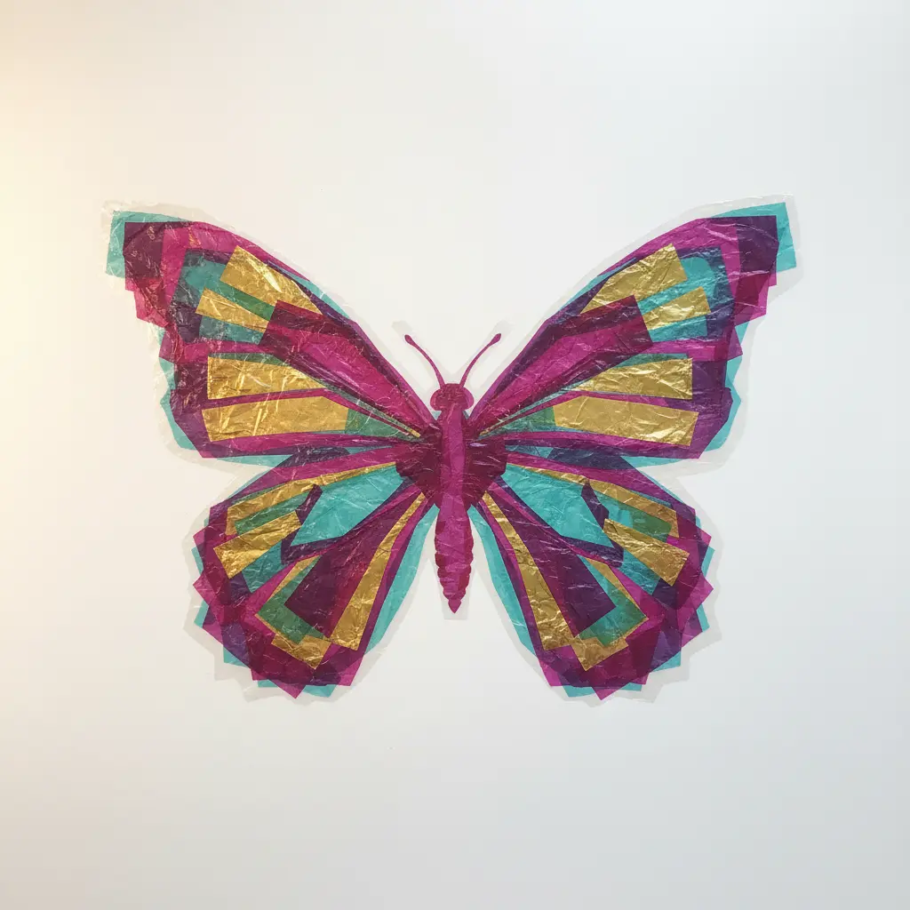 A butterfly made of colorful tissue paper squares stuck on contact paper, glowing in sunlight.