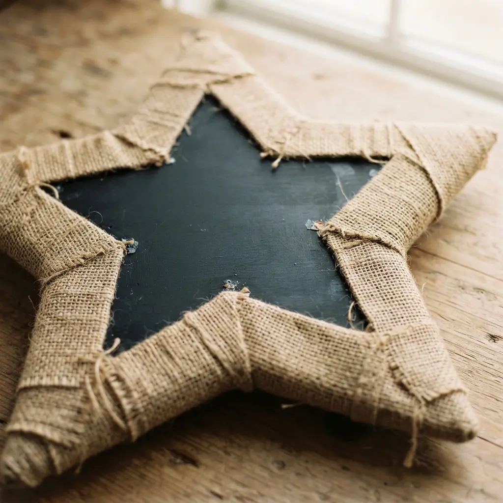 A rustic wreath featuring a black chalkboard star center wrapped in textured burlap ribbon against a wood door.