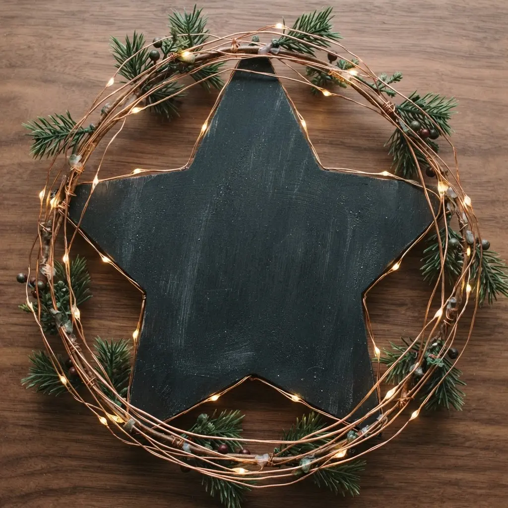 A patriotic chalkboard star wreath with a strand of warm white fairy lights woven through the greenery around it.