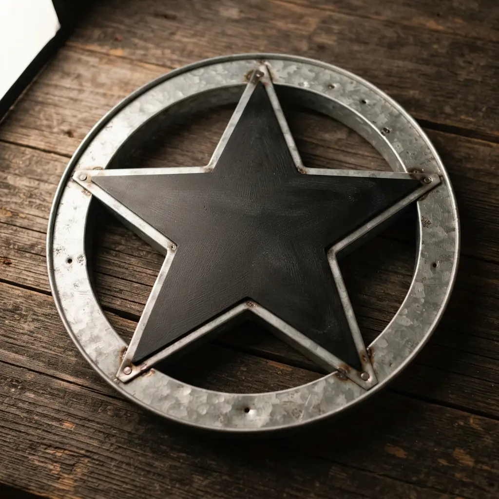 A patriotic wreath with a small chalkboard star mounted inside a larger galvanized metal ring frame.