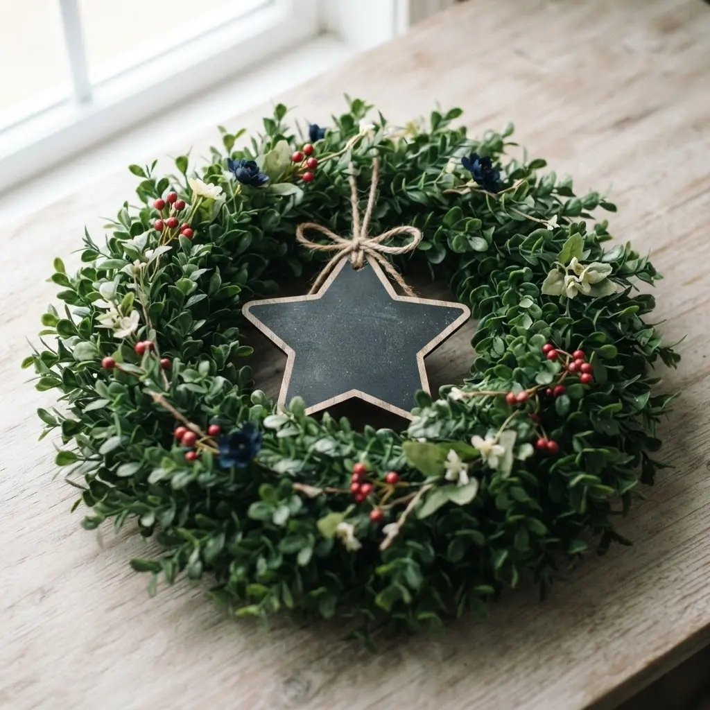 A full wreath made of artificial boxwood greenery, featuring a red, white, and blue chalkboard star nestled in the center.