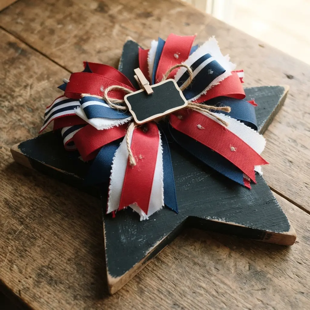 A simple chalkboard star decorated with a large, cascading bow made from red, white, and blue grosgrain ribbons.