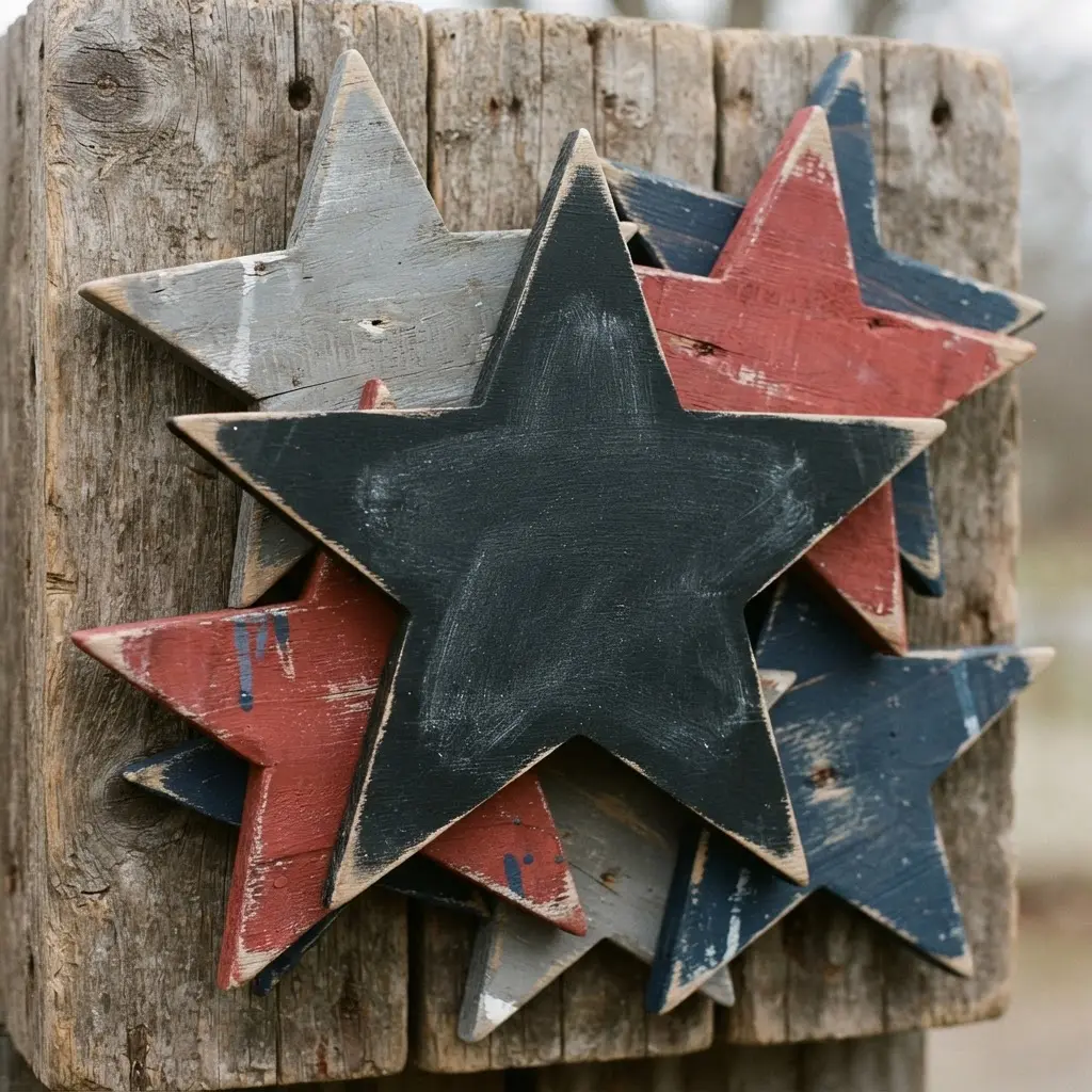 A dimensional wall arrangement featuring a central chalkboard star layered over several smaller painted wooden stars.