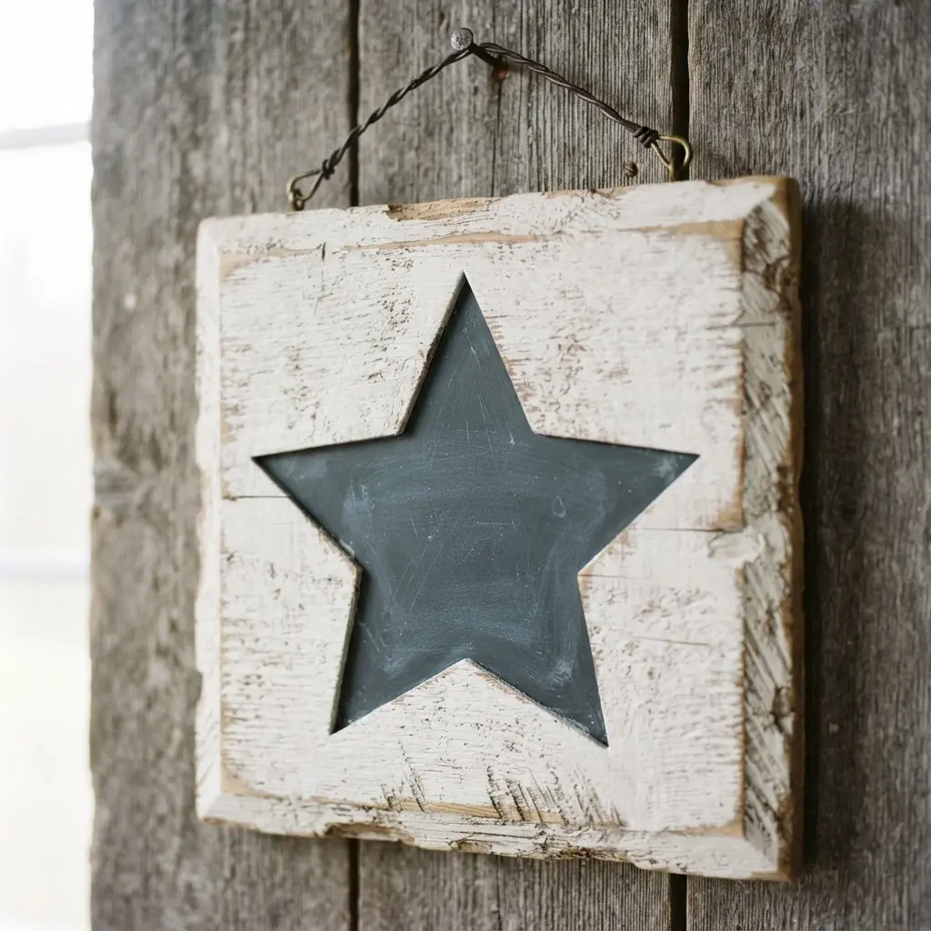 A vintage-style sign with a chalkboard star mounted on a distressed white wooden frame with wire hanging.