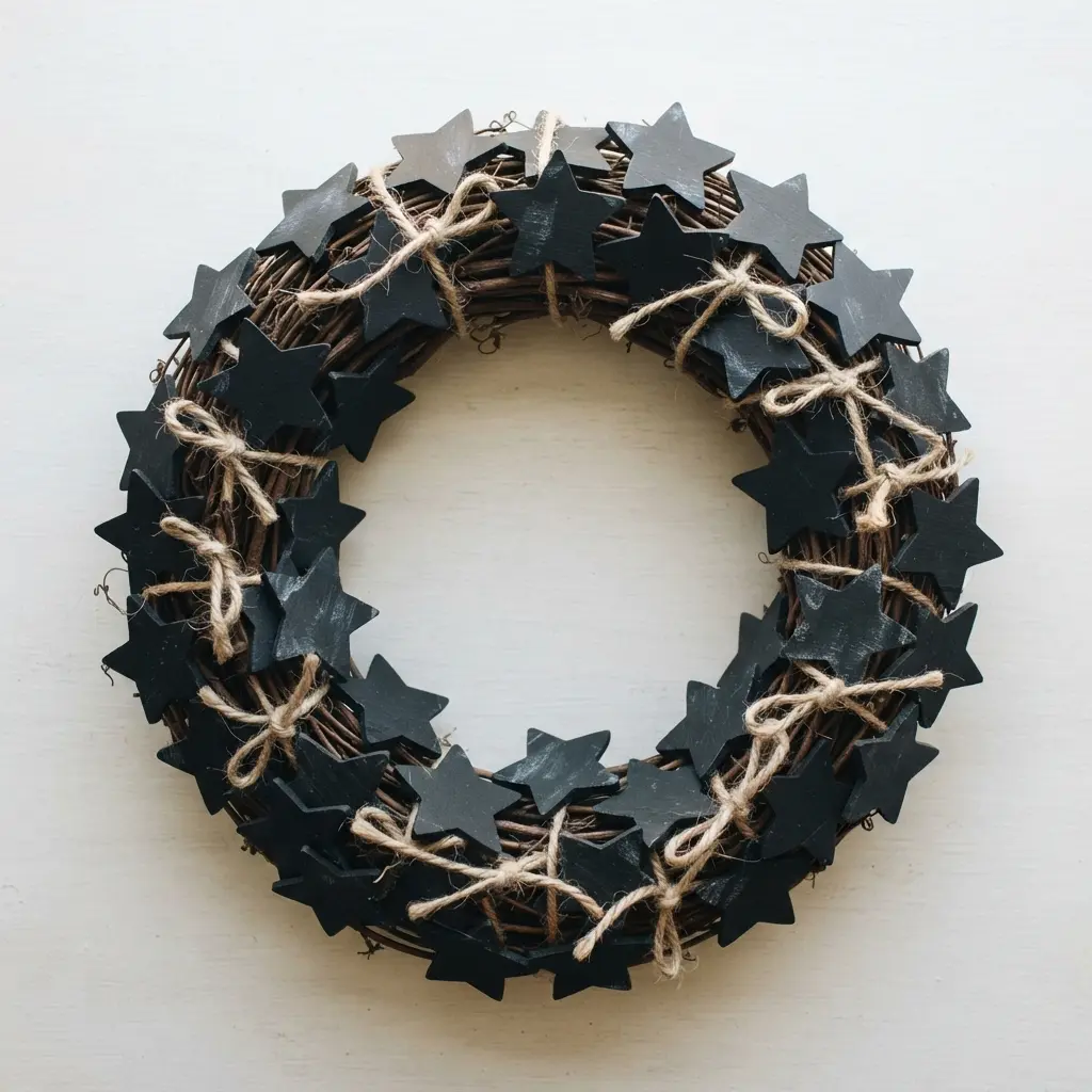 A circular grapevine wreath base densely decorated with multiple small, hand-lettered chalkboard star cutouts.