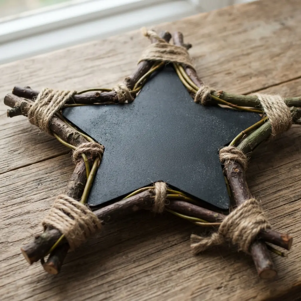A chalkboard star is mounted within a larger, rustic frame constructed from natural twigs formed into a star shape.