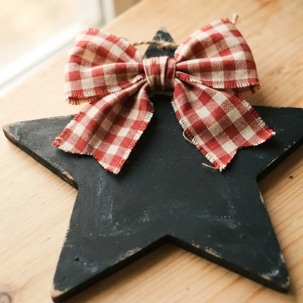 A black chalkboard star featuring a cheerful message and a large, traditional red gingham check bow at the top.