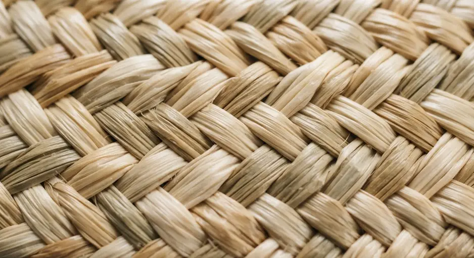 A person using a spray bottle to hydrate pale natural raffia straw strands on a wooden table.