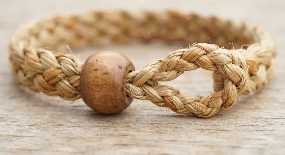 A wooden bead with a large hole is threaded onto the looped end of a finished straw bracelet.