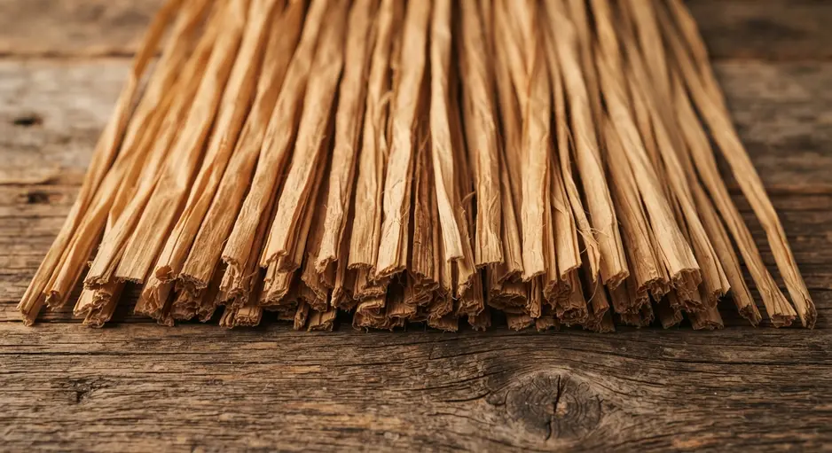 Sharp fabric shears cutting several long, even strands of tan raffia straw against a ruler.