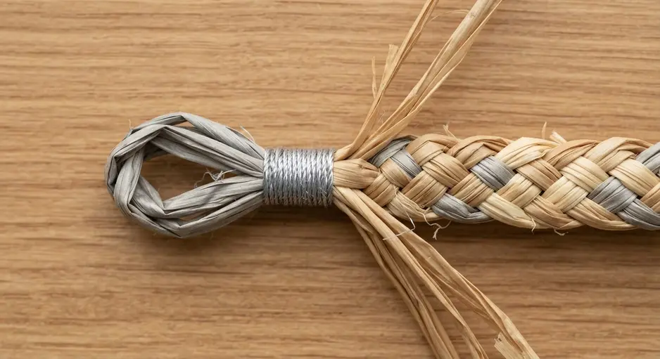 The ends of three straw strands are held securely to a table edge with a strong metal bulldog clip.