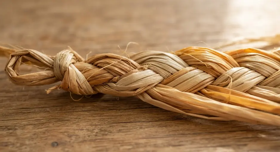 A hand crosses the left raffia straw strand over the center strand in the beginning of a braid.