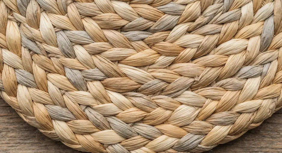 A hand crosses the right raffia straw strand over the new center strand to continue the braiding pattern.