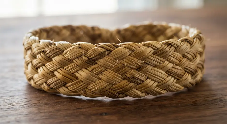 Two hands gently pulling a woven straw braid to maintain even, consistent tension along its length.