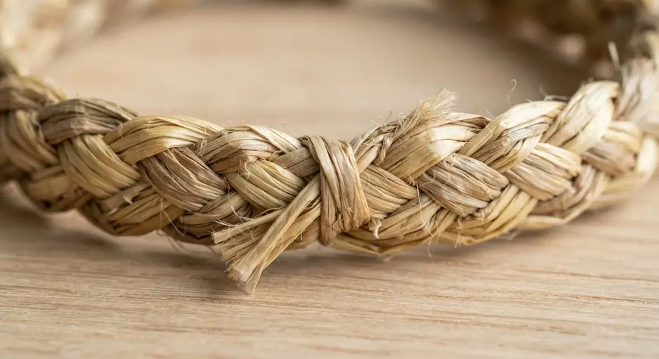 A close-up view showing the overlapping ends of a new straw strand being woven into an existing braid.