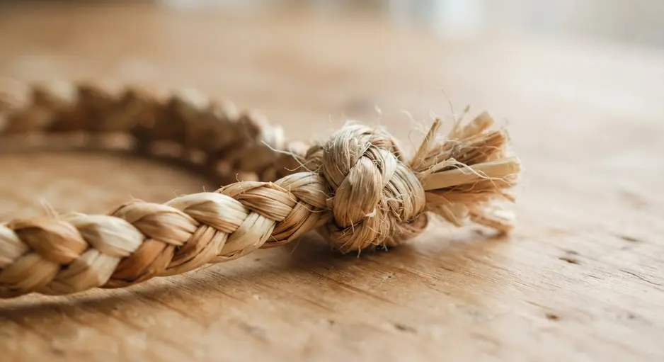 Fingers tying a simple, tight overhand knot with the ends of a finished straw braid.