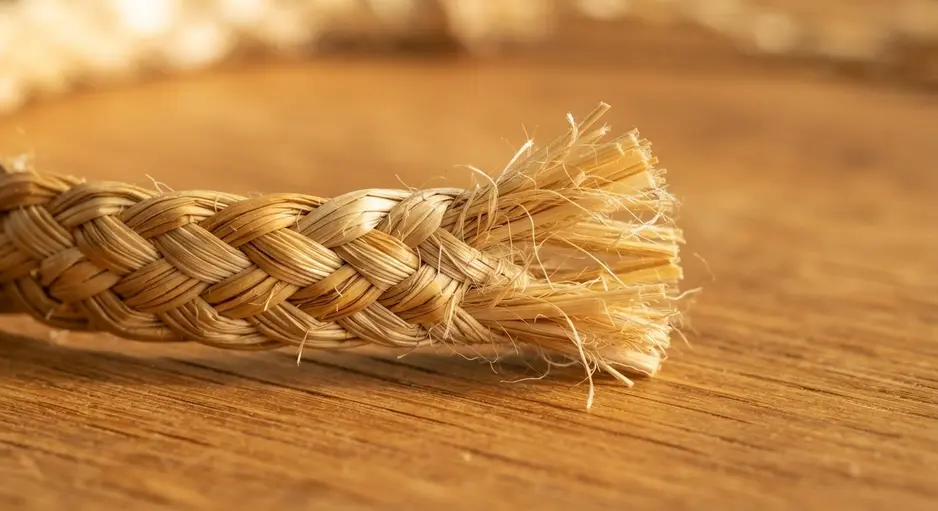 Sharp scissors trimming the short, excess straw ends close to a secured knot on a bracelet.