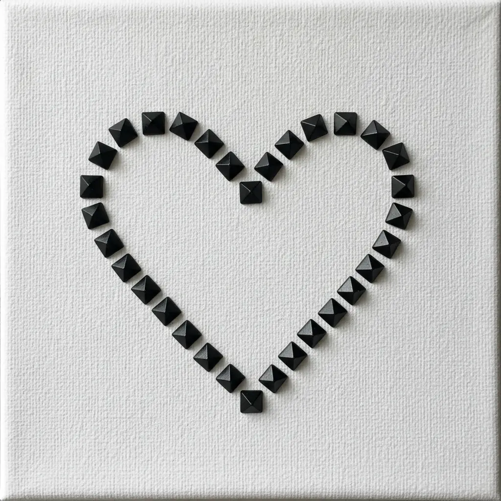 A white canvas with a heart shape outlined in small black pyramid studs, minimalist design.