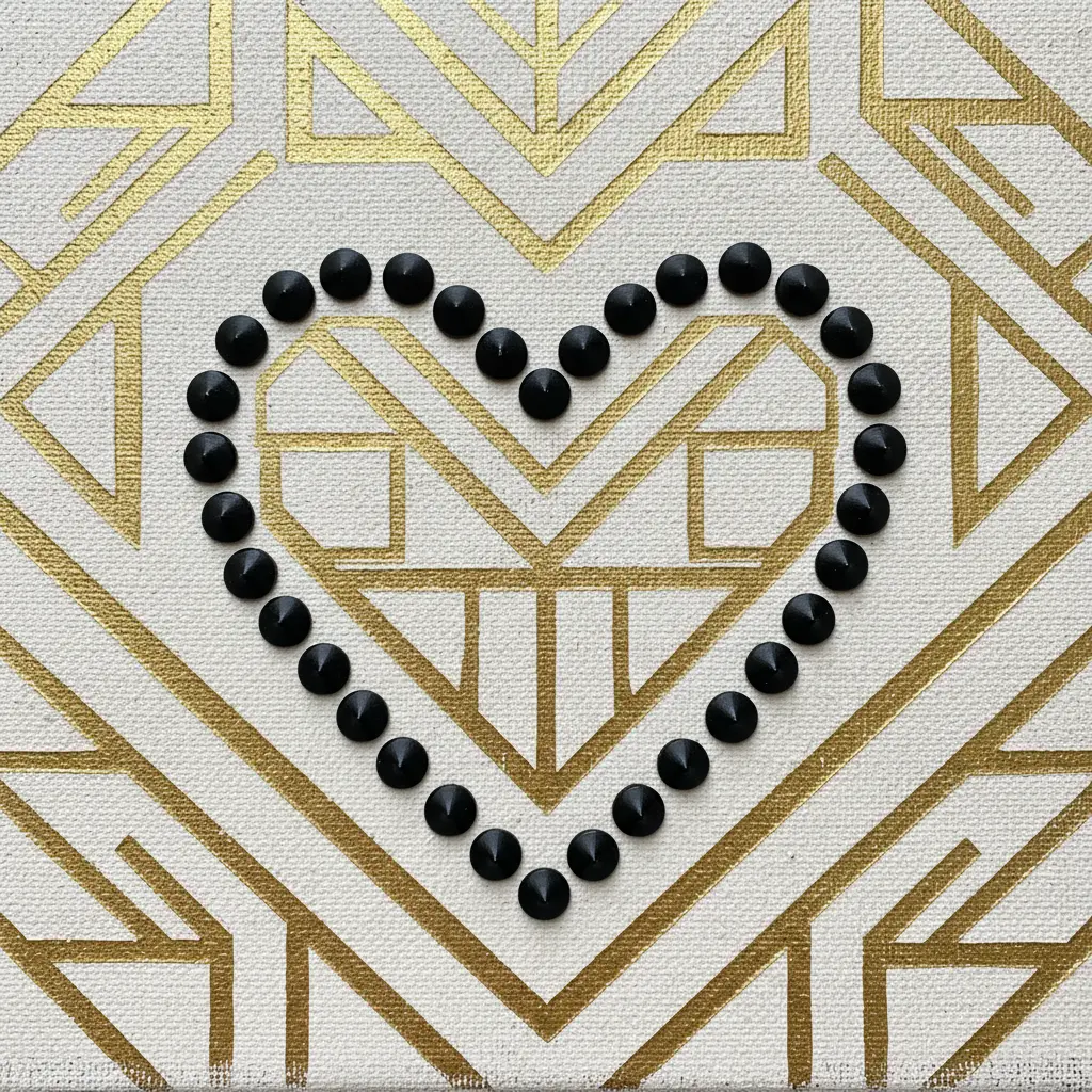 A canvas with sharp gold geometric stenciled shapes behind a central heart outlined in black studs.