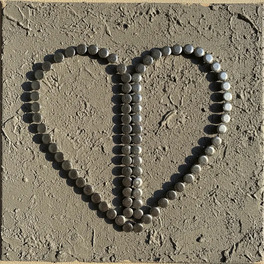 A heart split down the middle, each half outlined in silver tacks against a gray textured cement-look background.
