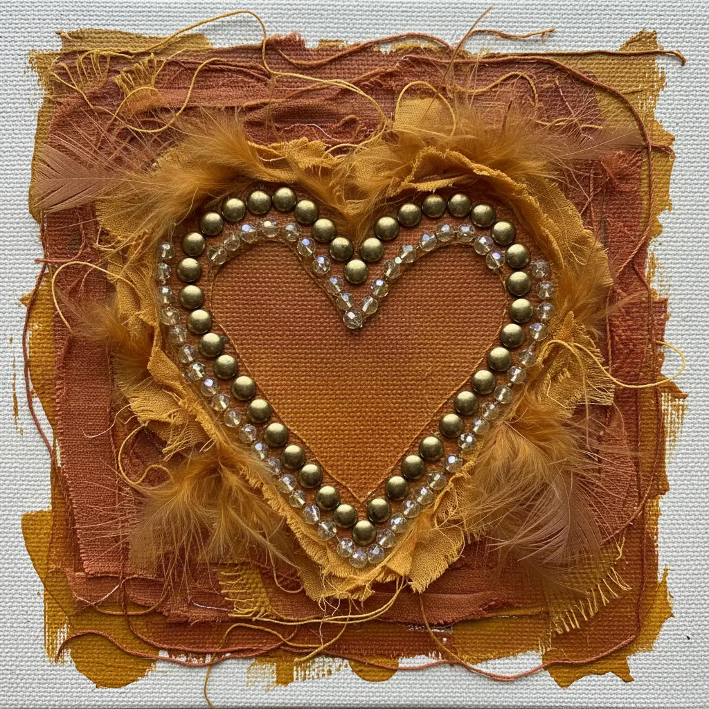 A colorful fabric and feather collage on canvas with a heart outlined in brass studs and small beads.